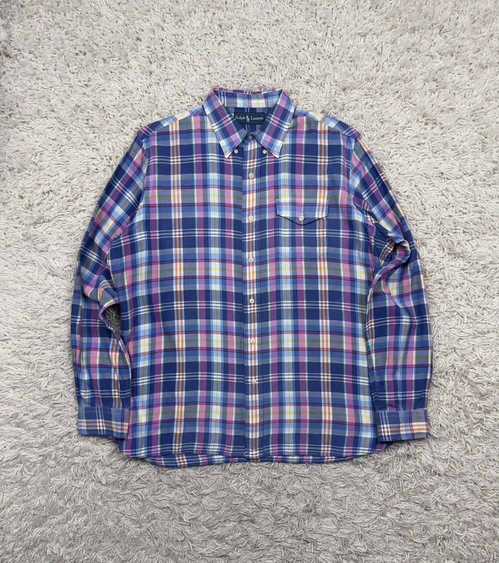 Ralph Lauren Mens L Blue Pink Purple Plaid Twill Button Down Shirt Long Sleeve